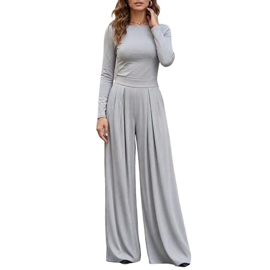 Damen Farbe Langarm Weiter Bein Jumpsuit Lässiges Mode Outfit für den Alltag