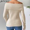 BITCED Women's Tailored Off-Shoulder Sweater Sexy Bare-Shoulder Knit Sweater Solid-Color Base Layer Knit Top