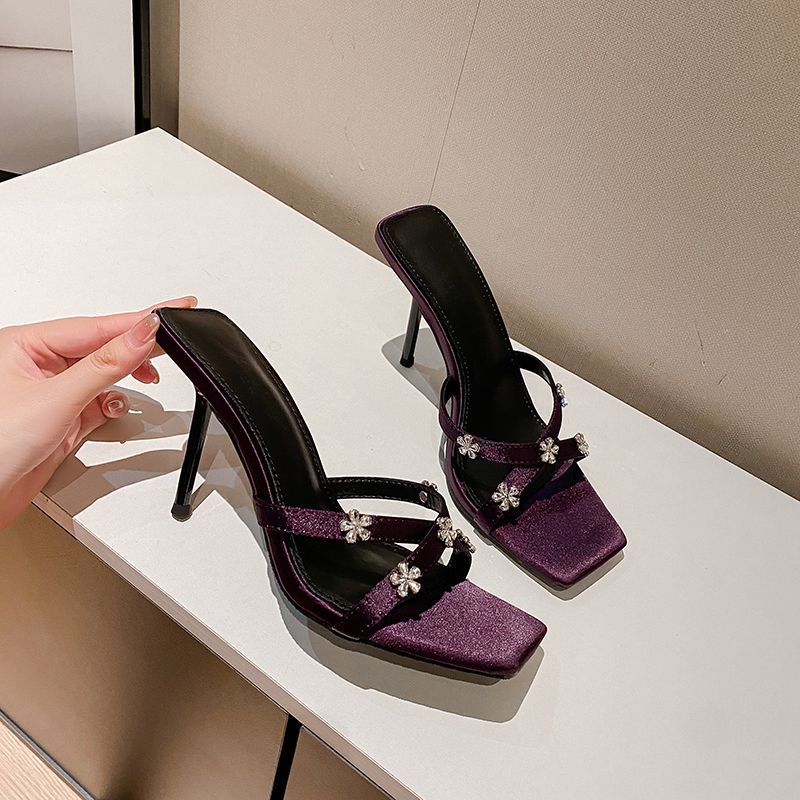 Purple satin rhinestone with sandals women's 2025 summer new cross-strap open-toe wear high-heeled cool slippers