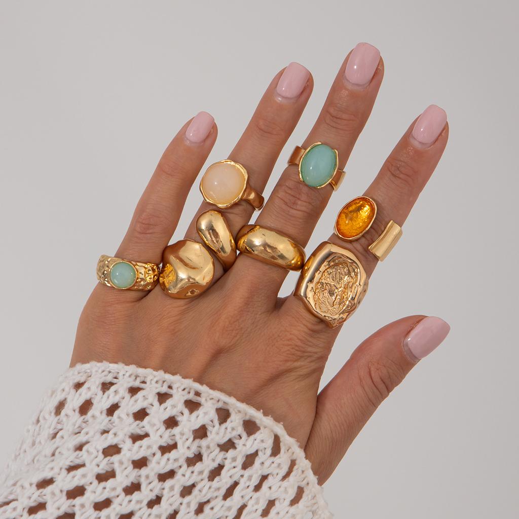 Mix and Match Stacked Gemstone Ring Set for Women, Retro Niche Percussion Open Ring Jewelry.