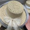 Hollow raffia simple webbing bow flat top hat women's summer elegant versatile sunscreen straw hat vacation beach hat
