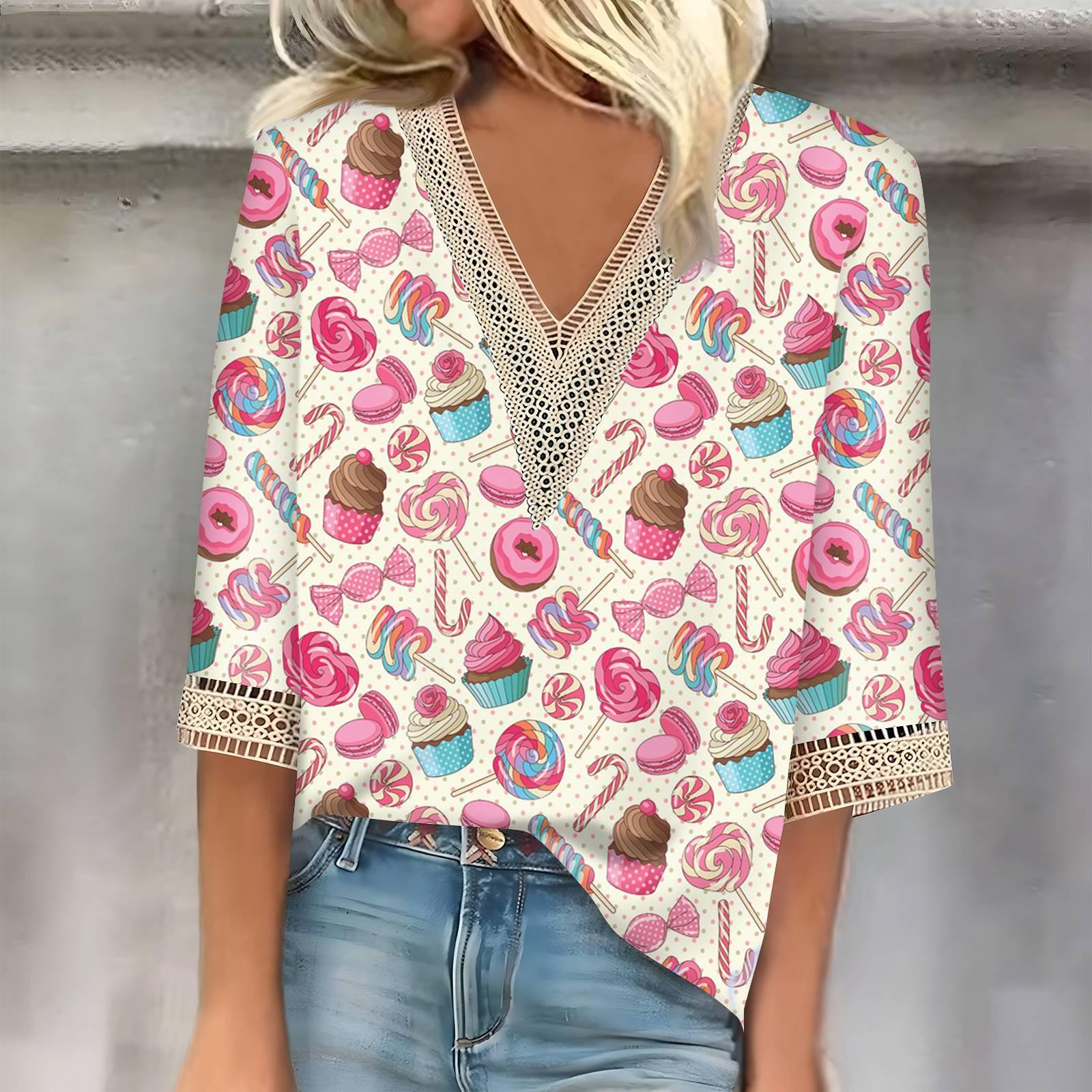 

Женский топ с рукавом три четверти, кружевной, с принтом ко Дню святого Валентина, модный, базовый, с V-образным вырезом, обычный топ XL арбуз красный