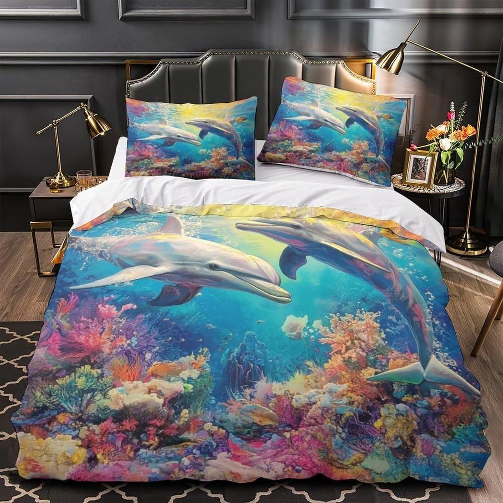 CartoonDolphin  Motif Bed Linen,Microfibre Bedding Sets, Children's Bed Linen  for Teenagers  adult  3-Piece Duvet Cover