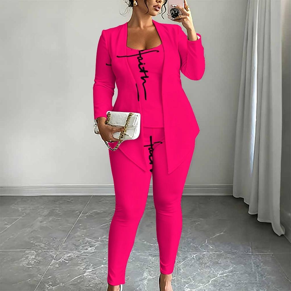 Plus Size Geometric Print 3 Piece Outfit, Long Sleeve Open Front Cardigan Cami Top Leggings Set for Women