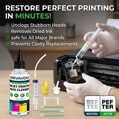 Kit de Curățare Cap de Imprimantă cu Jeturile de Cerneală SERVAVEXA 105ml pentru Epson HP Canon Brother Lexmark - Soluție și Unelte pentru Deblocarea Duzei Capului de Imprimare