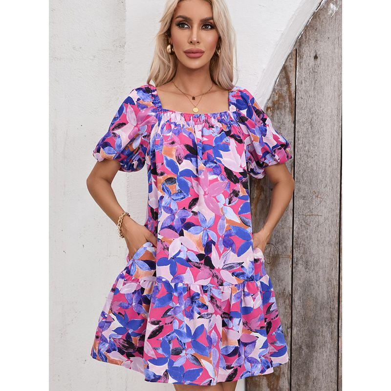 Summer New Holiday Puff Sleeve Dress Women 2025 Fashion Fashion Florals Print Knee-Length Skirt Women