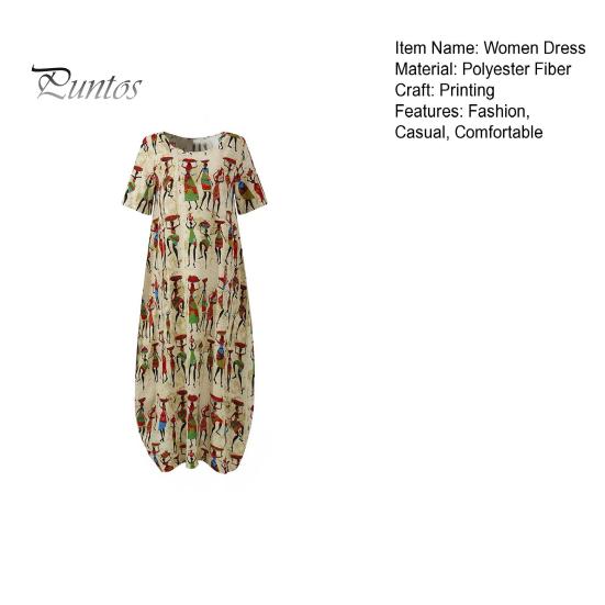 Women's Summer Casual Maxi Dress Loose Short Sleeve Crew Neck Long Dress Beach Ethnic Printed Sundresses