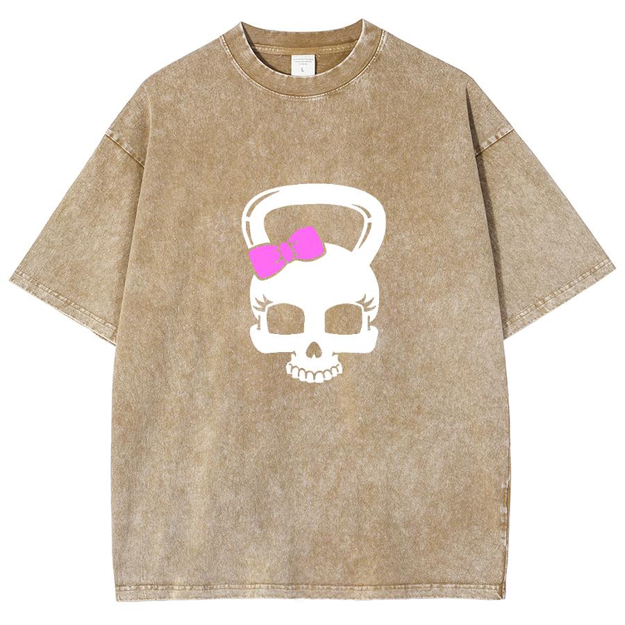 Colourful Old Washed Short-sleeved T-shirt Loose Skull Weird Bow Cute Street American Vintage Trend Leisure