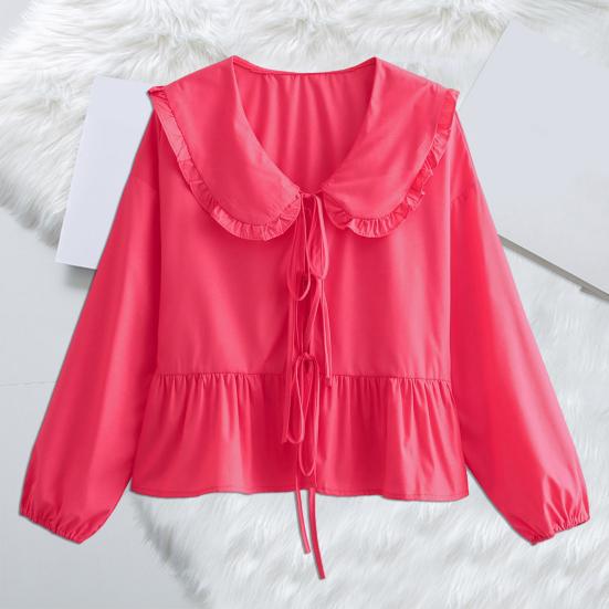 Letní ležérní košile s dlouhým rukávem a klopou, krajkovým zapínáním, jednobarevná volánová lemová volná košile s topy