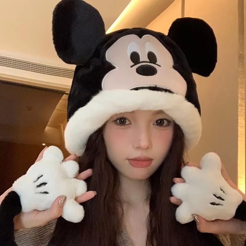 New Cute Winnie The Poo Cap With Velvet Hoodie Mickey And Minnie Mouse Plush Hat Winter Warm Ear Protection Cold Proof Hat Gift