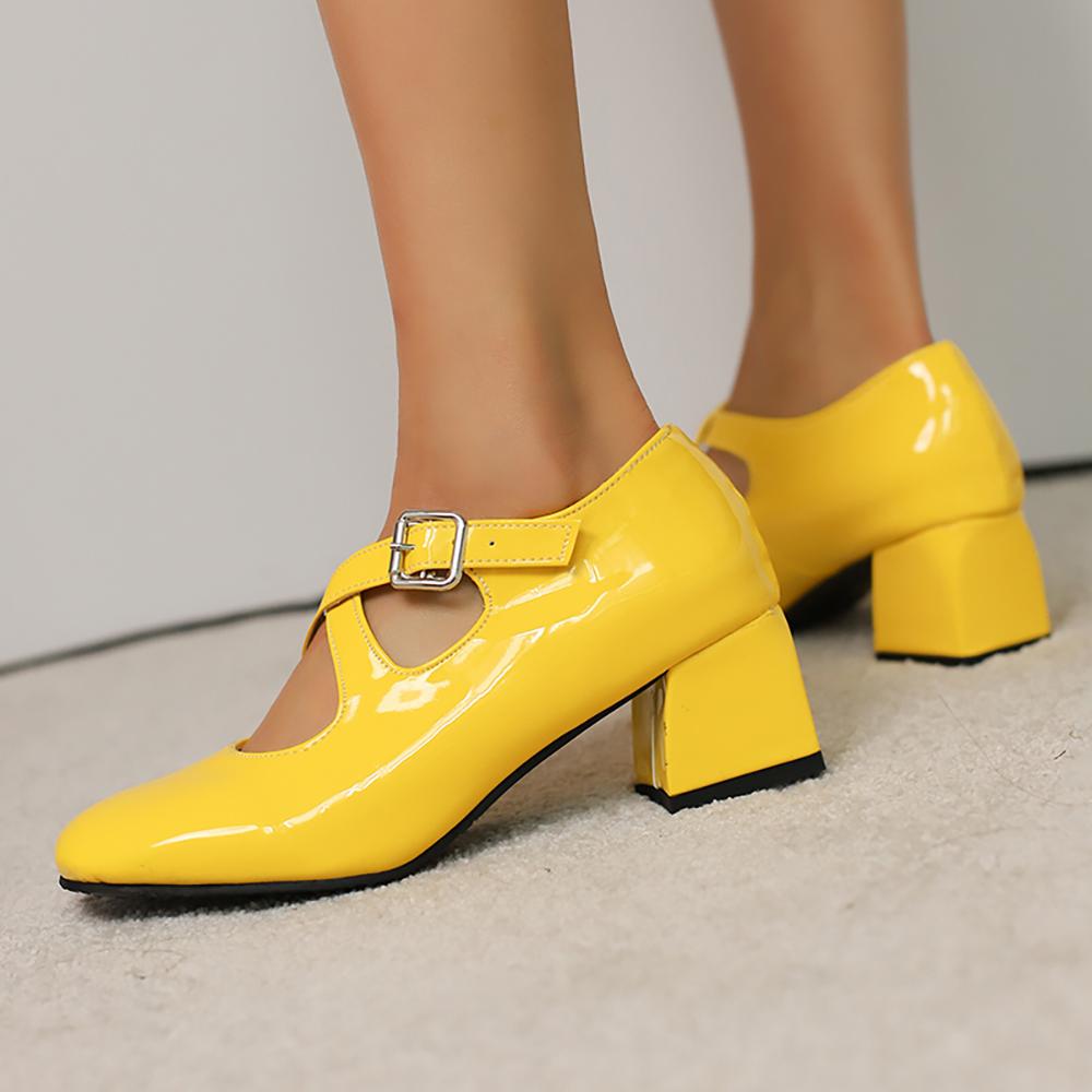 White Women Pumps Square Toe Non-slip Buckle Strap High Block Heel Plus size 45 48