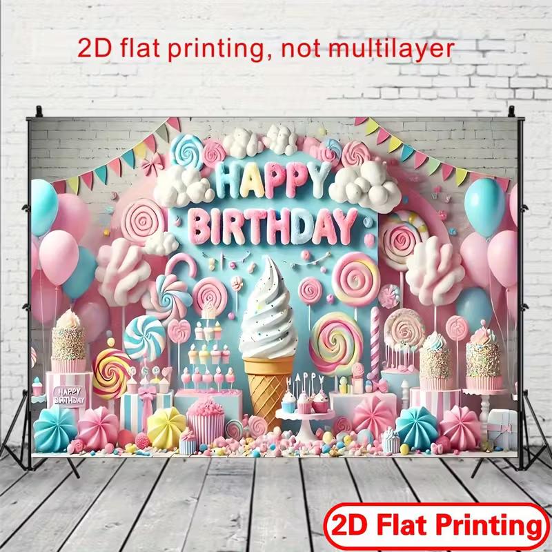 2D Sweet Candy Happy Birthday Backdrop Lollipop & Cupcake Photo Booth Background