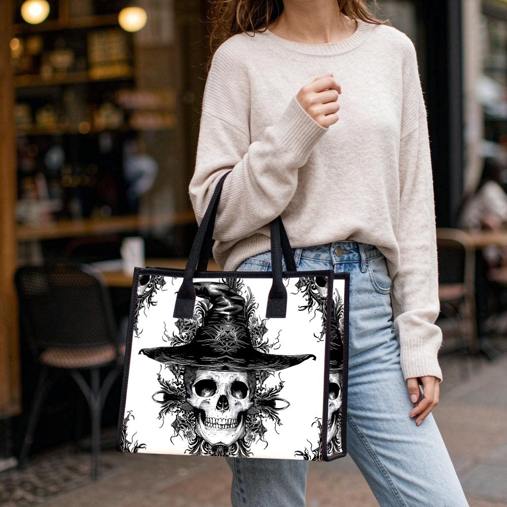 Gothic Witch Skull Pattern Tote Bag Halloween Style Portable Shoulder Handbag for Daily Use