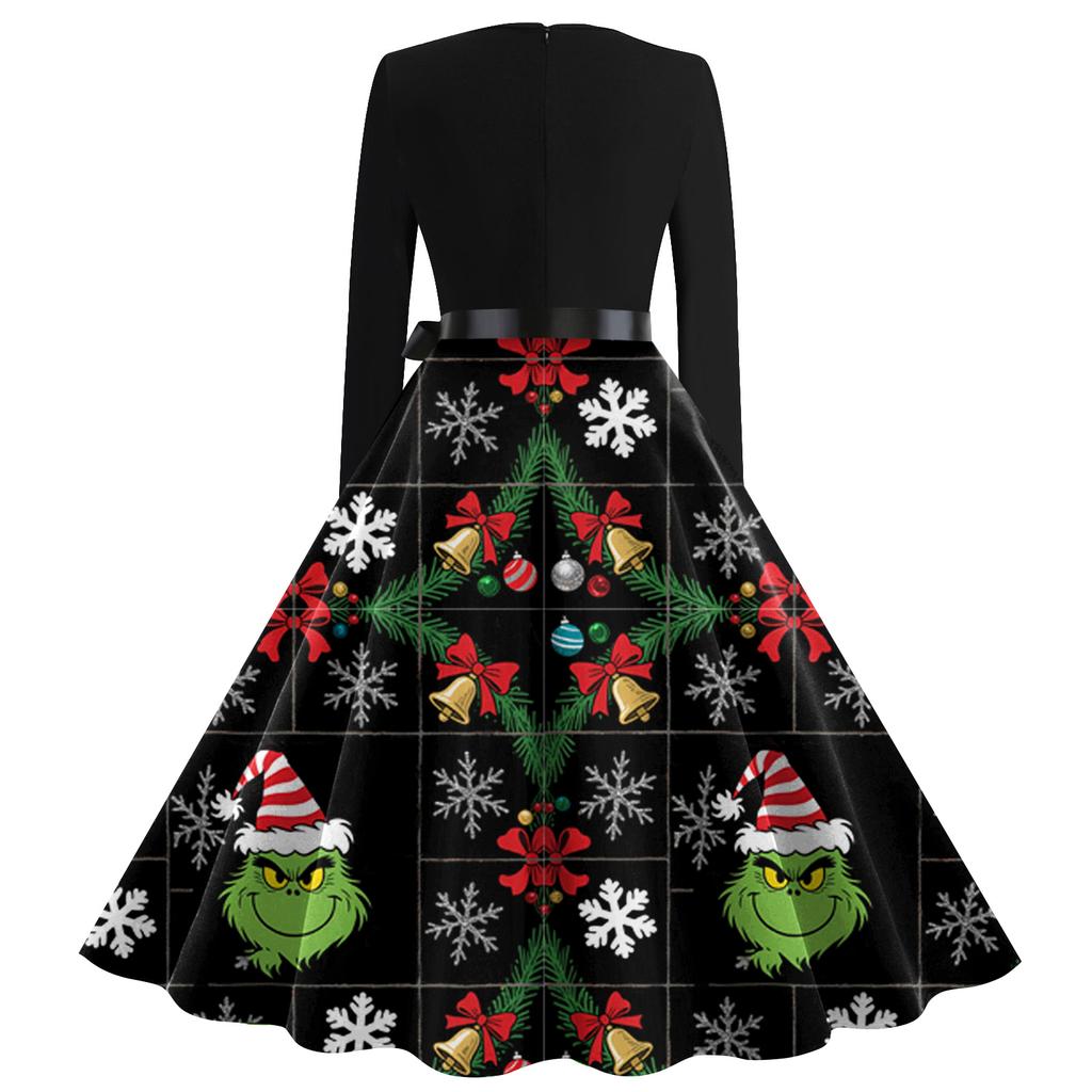 Ladies' Fashionable Retro Long Sleeved Square Neck Christmas Printed Evening Dress Dress