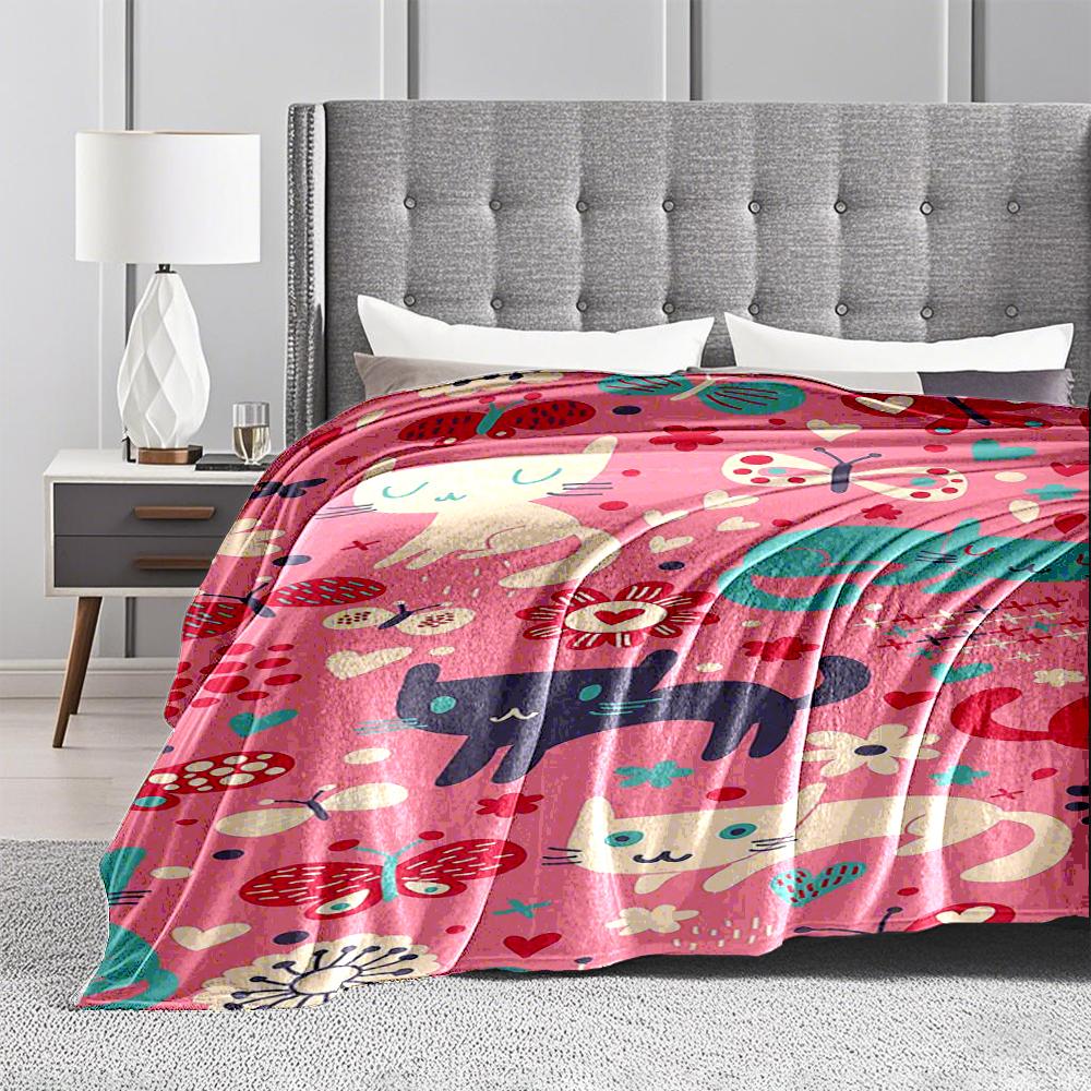 Colorful Cats and Butterflies Flannel blanket for bedroom, living room, sofa, and nap