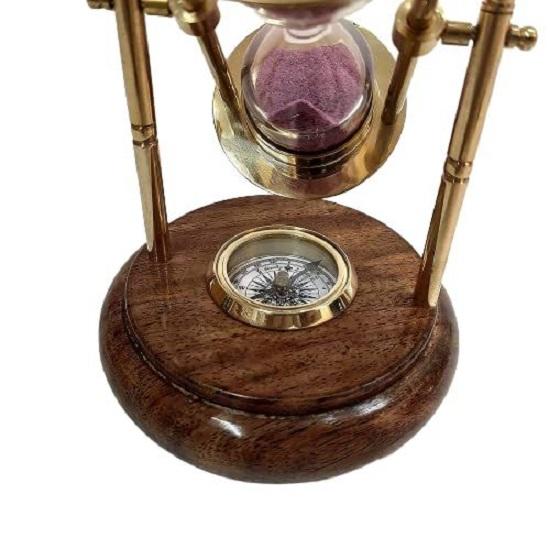 Mässingstimglas Träbas Med Kompass Nautisk, Hängande Timglas 2 Min Timglas Rosa Sand Bäst För Gåva Hem- & Kontorsdekor