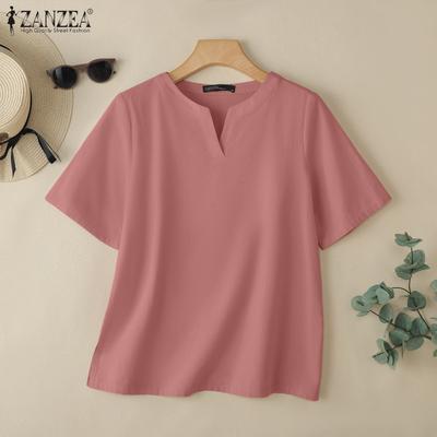 Kadın Günlük V Yaka Düz Renk Bol Kısa Kollu Bluz