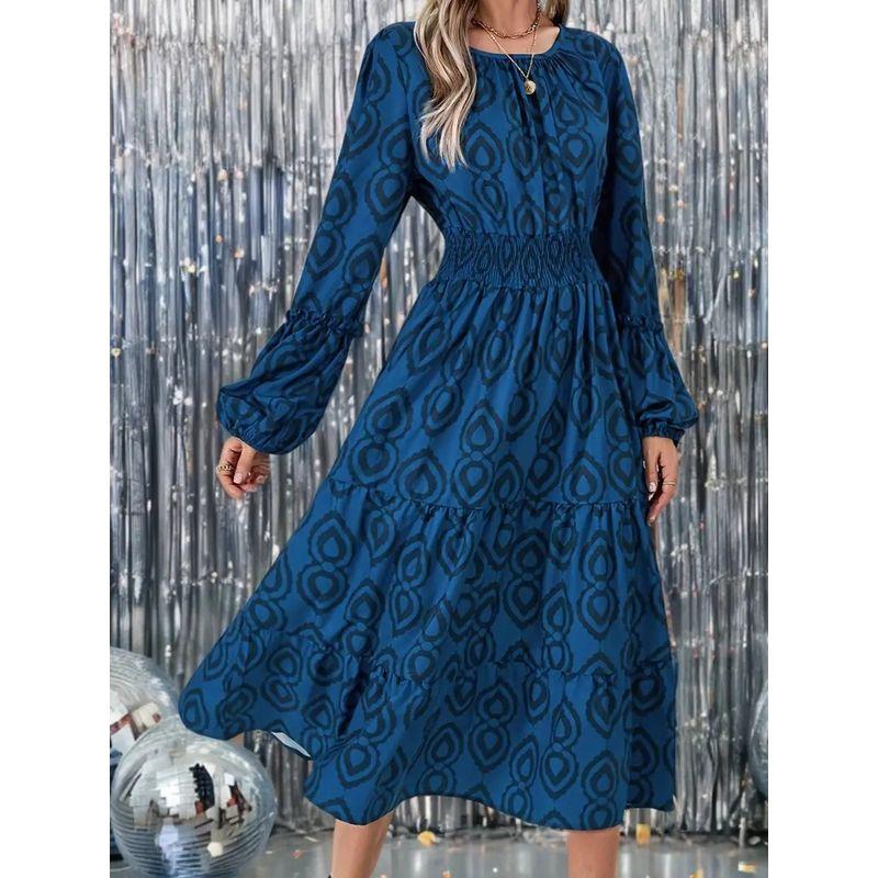 

Cross-Border Autumn New Arrival Fashion Style round Neck Geometric Print Ruffles Long Sleeves Mid Length Long Length Dress Female Dress Blue(Figure) 2XL