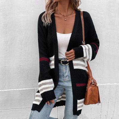 Lässiger Trend Vielseitige Mode Damen Herbst und Winter Langärmliger Farbmix Langer Strickjackenpullover