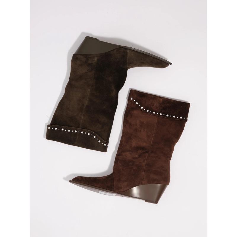 Sheepskin version retro suede pointed-toed tall boots, slope heel pleated stacked boots, women's rivets decorative western cowboy boots
