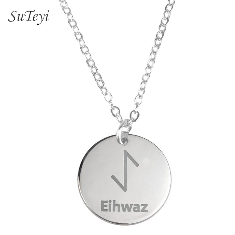Round 25 Rune Letter Pendant Necklace Silver Color Stainless Steel Disc Viking Necklaces For Women Men