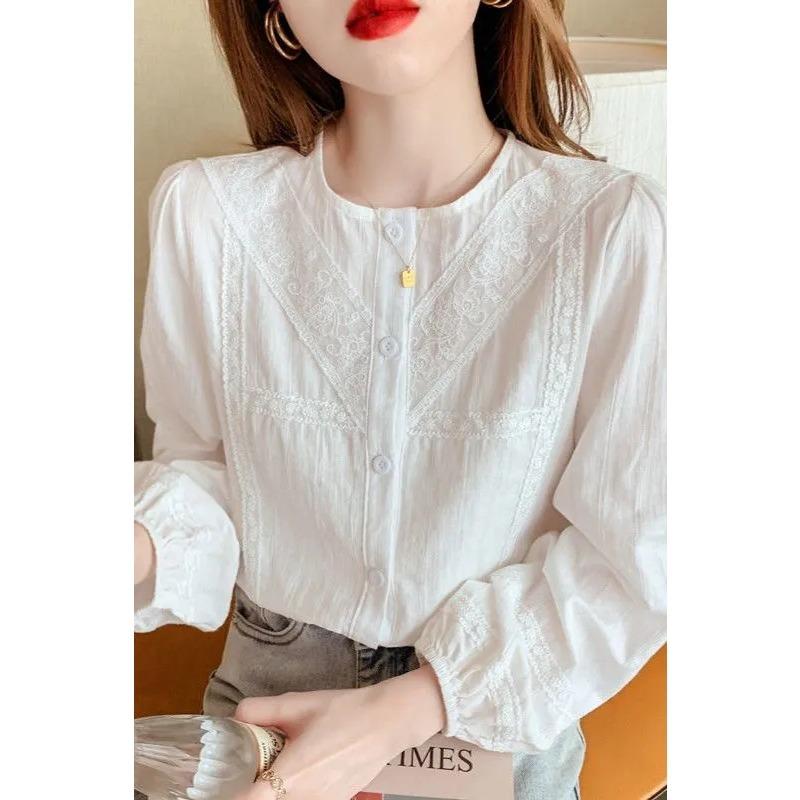 Women's Embroidered Blouse Round Neck with Lace Trim Puff Long Sleeves Button Down Casual Office Top