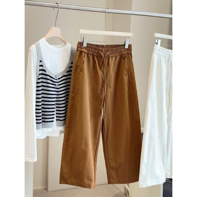 

New solid color elastic loose wide-leg thin casual pants women s spring and autumn versatile eight-point straight pants XL коричневый