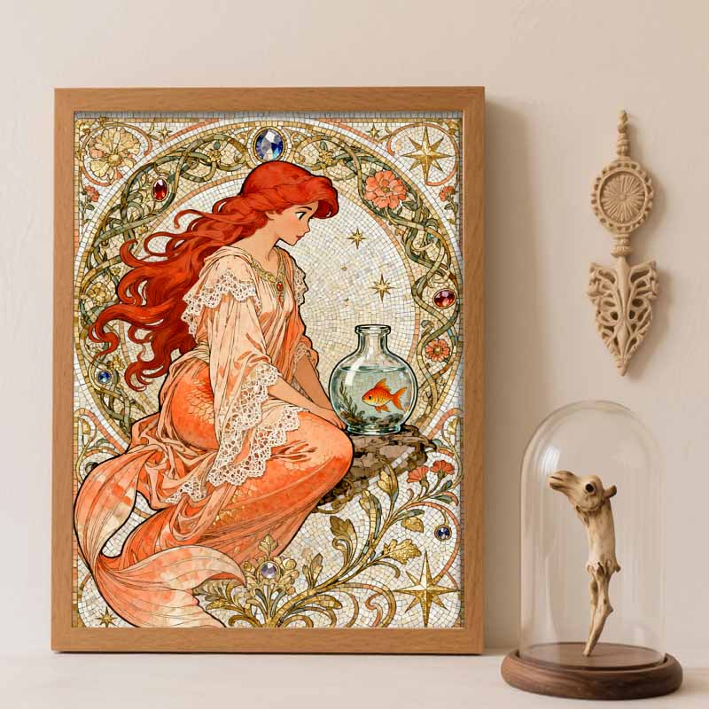 Disney 5d diamond painting, mermaid and goldfish art painting diy handmade sticker gift, home decoration painting Round 20x30cm