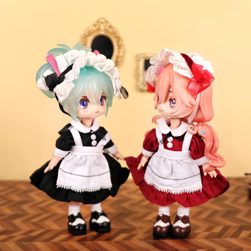 Ob11 Doll Clothes Vintage Maid Outfit Dress Scarf Headwear Set for Obitsu11, GSC, Molly, YMY,1/12 Doll Clothes Doll Accessories