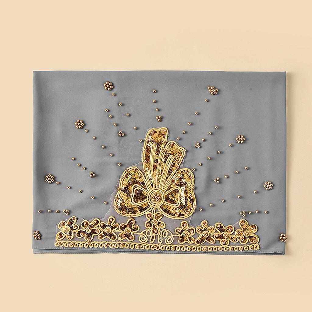 Ethnic Style Pearl Beaded Chiffon Headscarf with Rolled Edge