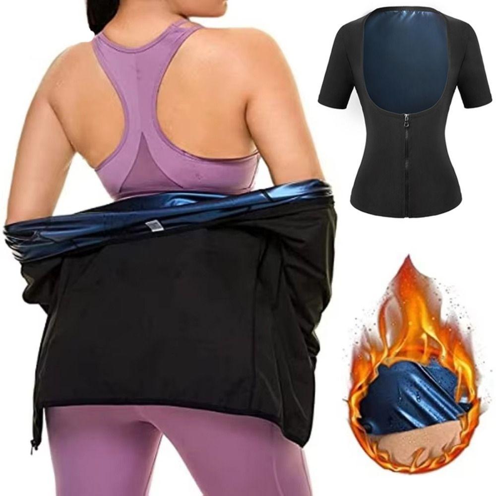 Heat Trapping Women Sauna Suits Short Sleeve Zipper Design Fat Burning Fitness clothes Push Up Compression