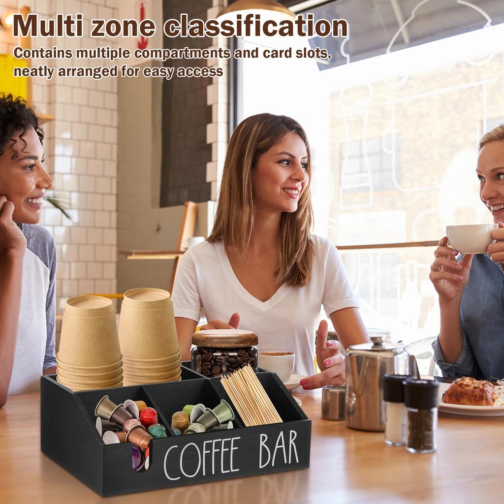 Wooden Coffee Storage Box Multi Compartment Wood Coffee Pod Tea Bag Holder with Slot Multi-Purpose Coffee Bar Storage Holder