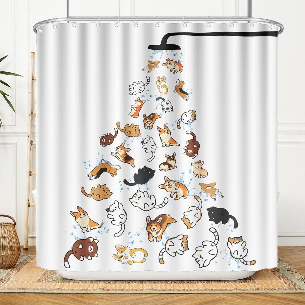 Funny Dog and Cats Shower Curtains Kids Cartoon Animals Cute Pets Hilarious Design Bathroom Decor Fabric Bath Curtain with Hooks