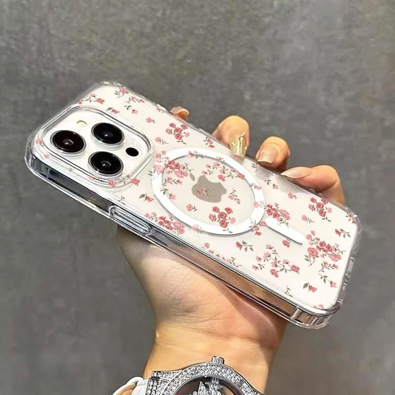 Small Pink Floral Clear Magnetic Phone Case For iPhone 11 12 13 14 15 16 17 Pro Max Plus 16E XR X XS Max 7 8 16 Plus  Hard Cover