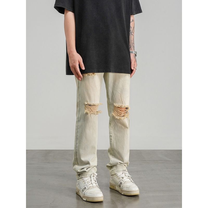 Black of Exit Chinese Fad Washed Yellow Ripped Straight Denim Male and Female Students Easiest for Match Yellow Mud Pants