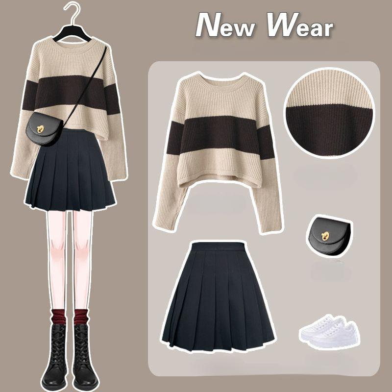 Women's Skirt Suit Striped Color-blocked Sweater Pleated Skirt Two-piece Set Spring  Autumn Pullover Sweater Short JK Skirt Set Outfits
