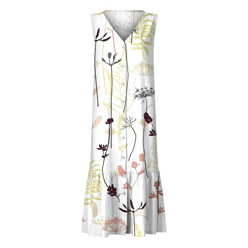 Women's Print Summer Dress Sleeveless V Neck Button Down Casual Pocket Swing Short Dress