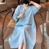 Cotton Linen Chinese Style Embroidery Ruched Sleeve Dress for Women, Summer New Arrivals, Vintage Style