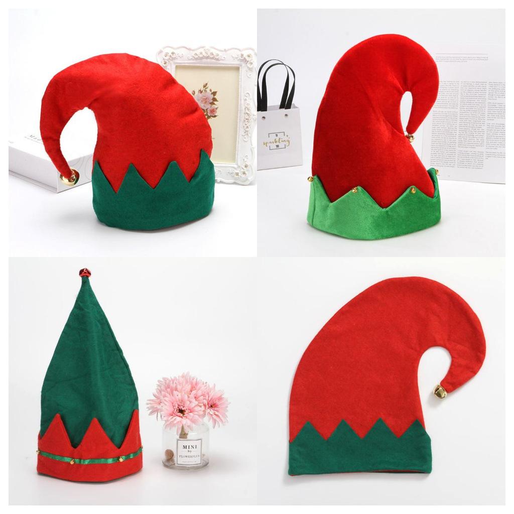 Adult & Child Non-woven Elf Christmas Hat with Bells - Red & Green