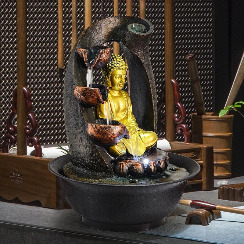 Handgefertigte Buddha-Statue Dekorative Brunnen Innenwasser Harz Handwerk Geschenke Feng Shui Schreibtisch Heimbrunnen 110V 220V