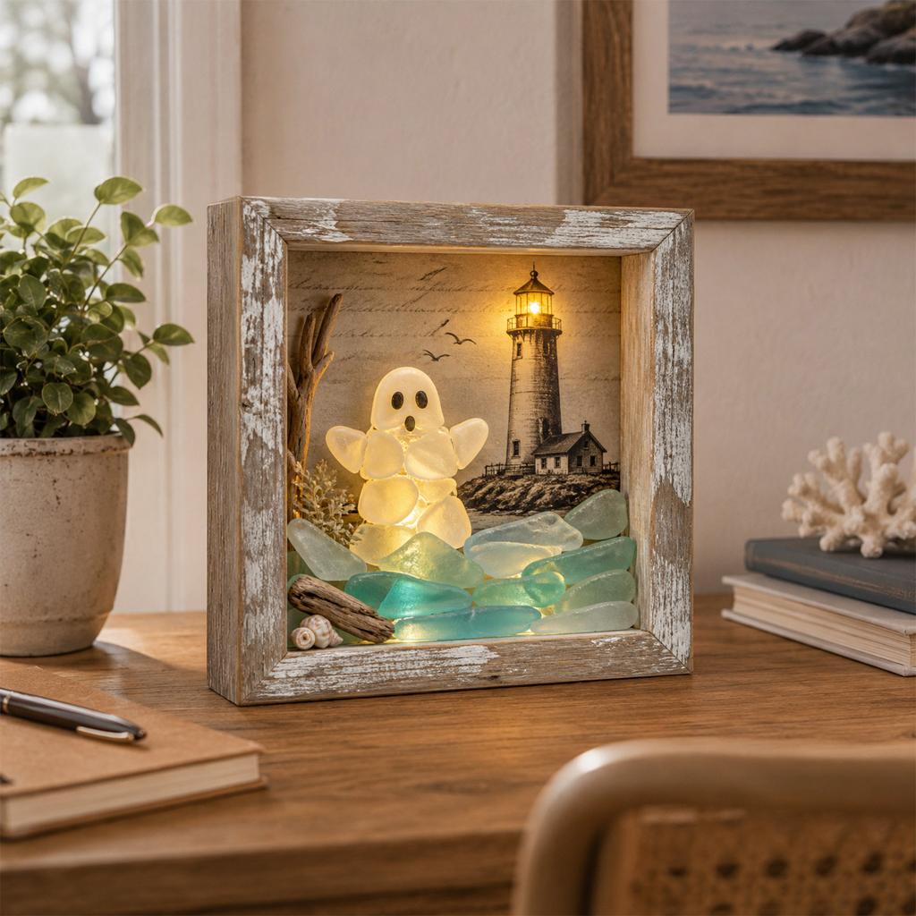 LED Decorative Night Light with Sea Glass, Illuminated Tabletop Decor for Home Bedroom