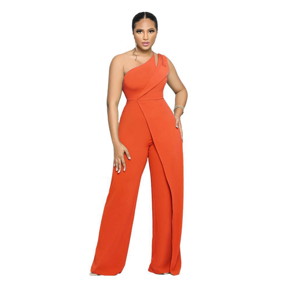 9904 European & American Sexy Sleeveless One-Shoulder High Waist Straight Jumpsuit