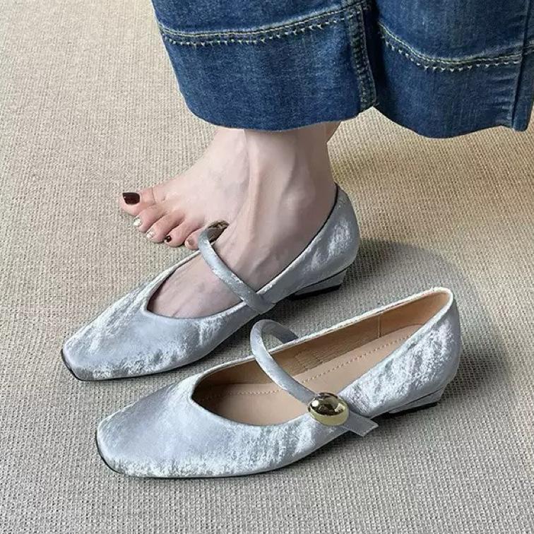 Sheepskin version silver inner height increasing shoes square head new single shoes women's beautiful ballet shoes thick high heel Mary Jane shoes
