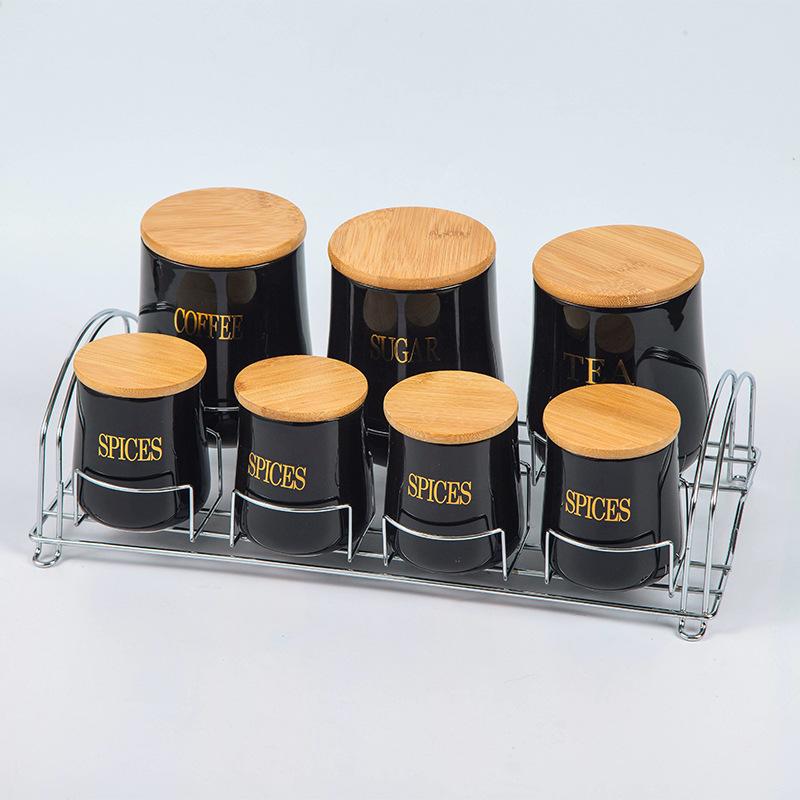 Grain Storage Tank 7 Piece Set Kitchen Storage Container Moisture Proof Sealed Jar Wooden Cover Food Organizer Candy Jar Tea Can