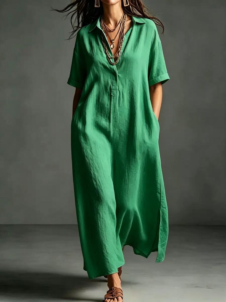 European and American women's clothing spring and summer new cotton and linen simple and elegant solid color short-sleeved lapel dress
