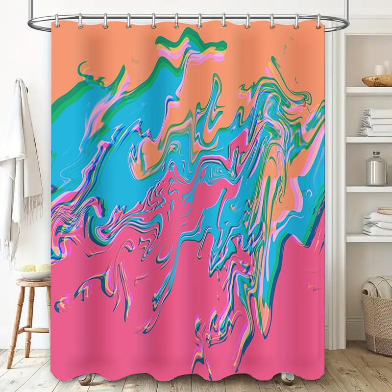 Modern Bathroom Shower Curtain with Vibrant Fluid Colors Pink Blue Green Orange Abstract Print Home Decor Waterproof Fabric