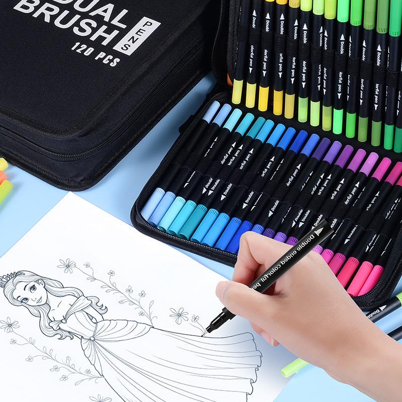 120-Color Double-Ended Watercolor Marker Pen Set for Painting, Doodling, and Outlining with Children's Paint Brushes