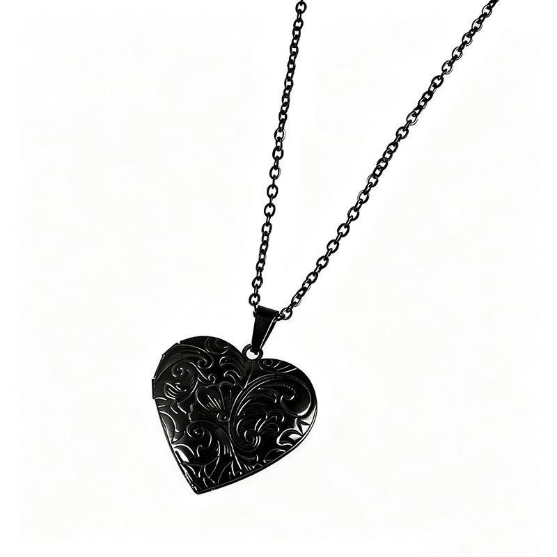 Stainless Steel Plant Pattern Heart-Shaped Photo Frame Necklace with Flat Cross Chain