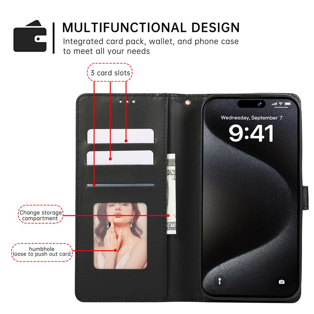 For iPhone 15 Pro Case 3D Rhombus Grid Imprinted Wallet Leather Phone Cover with Lanyard