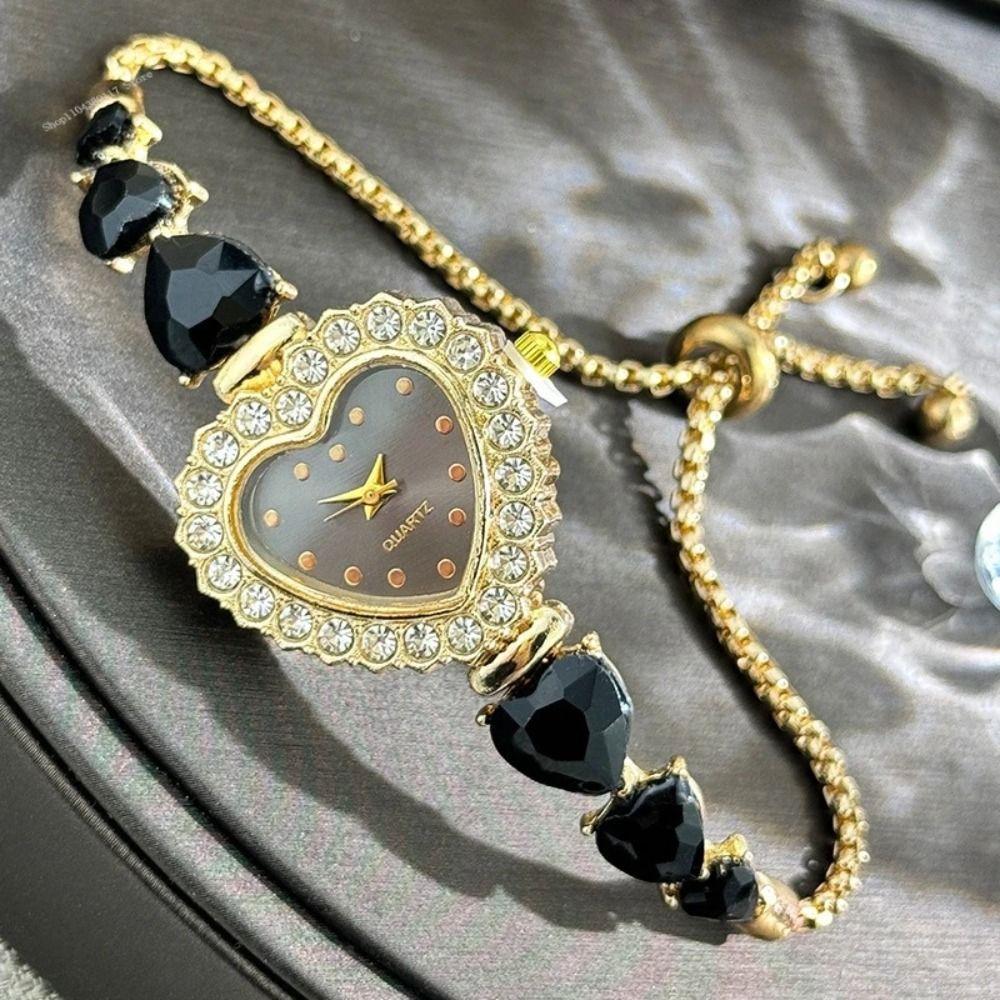 Elegant Alloy Women Watch Heart-shaped Diamond Quartz Wristwatch Adjustable Strap Bracelet Watch Daily